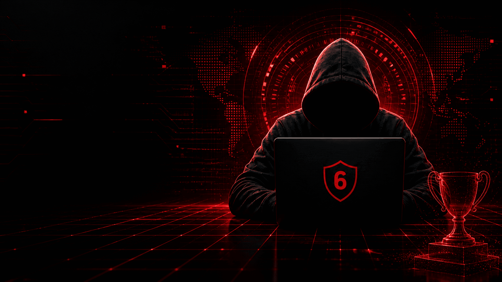 Hooded hacker at a laptop with red cyber interface